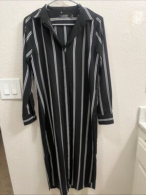 Lauren Ralph Lauren Black and White Vertical Stripe Long Sleeve Dress